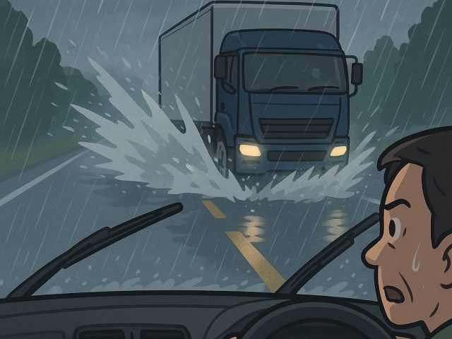 夜間の運転、反対車線の水しぶきにも要注意